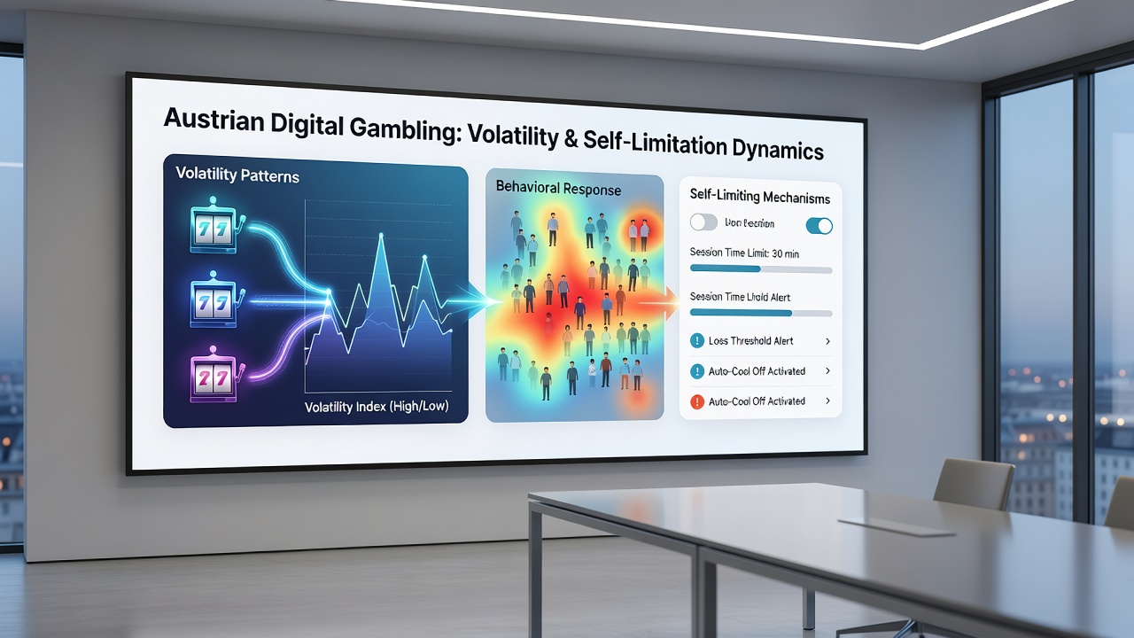 Player dashboard on Austrian gambling site showing volatility filters and active self-limit indicators